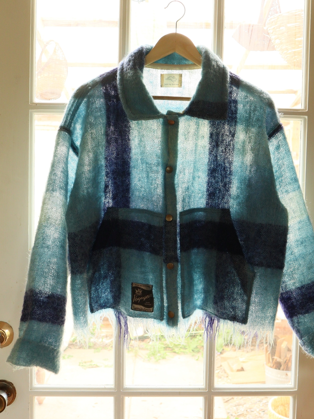 Upcycled Mohair Blanket Jacket Hudson's Bay Company Plaid Blue Wool M • L - Picture 7 of 8